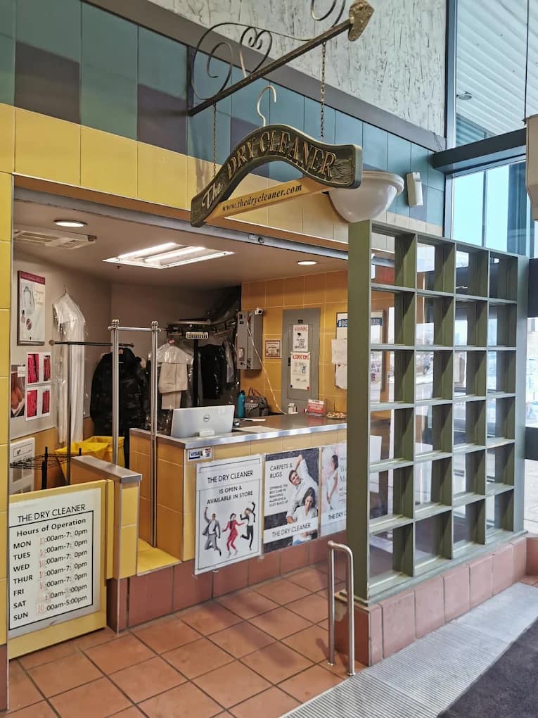 The Dry Cleaner storefront on Plains Road East in Burlington, with its hand-painted hanging sign