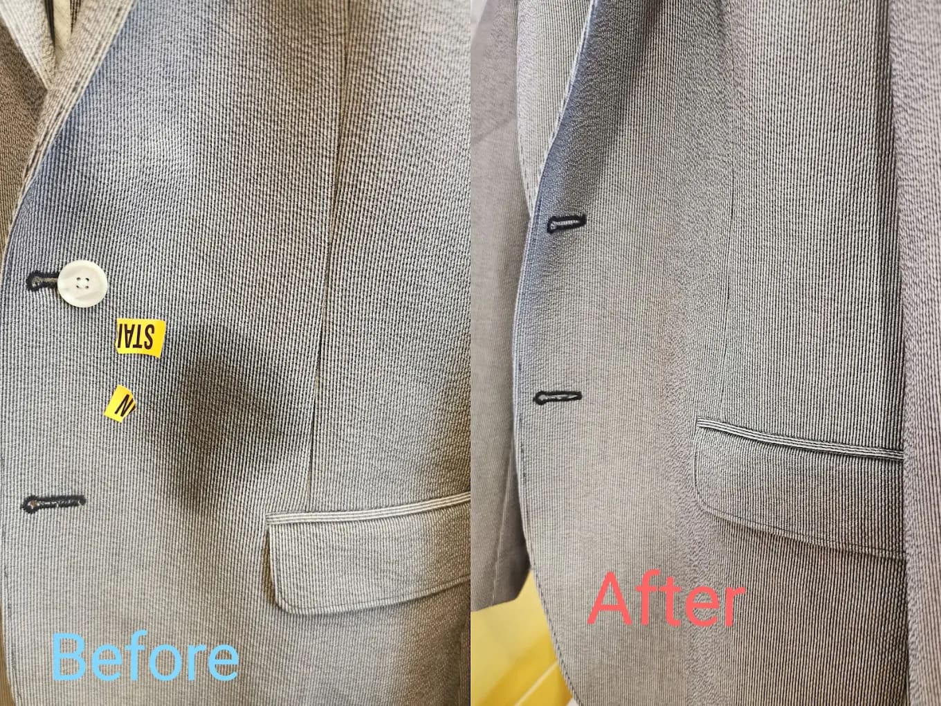 Before and after of a wool blazer with a shoulder stain fully removed